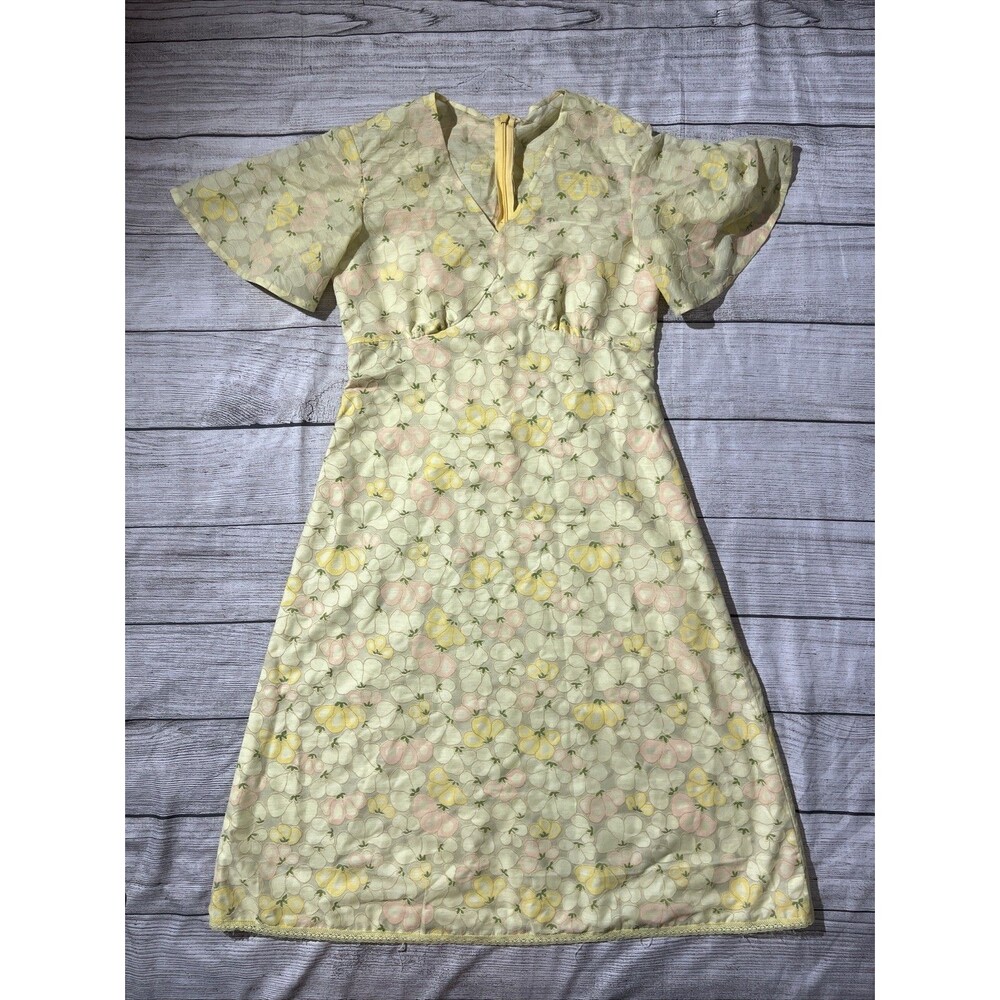 Vtg Handmade Yellow Floral Babydoll Dress Romantic Feminine Garden